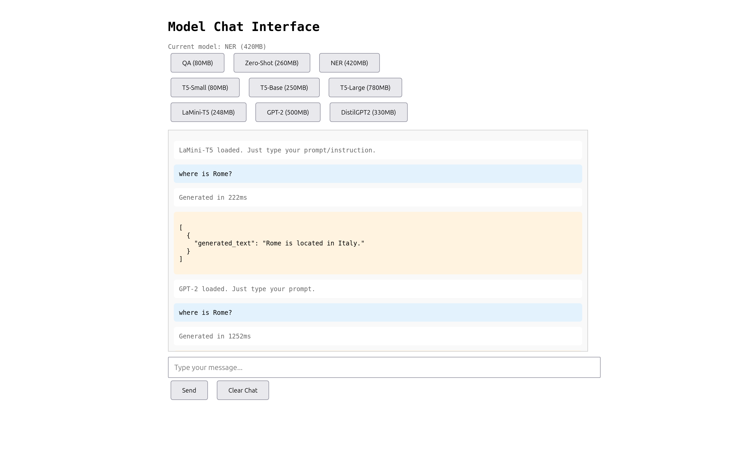 Model Chat Interface showing different model options and a comparison between LaMini-T5 and GPT-2 responses